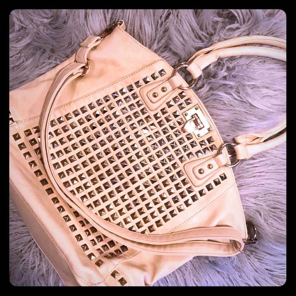 MMS Faux Leather, Studded Beige Tote Bag